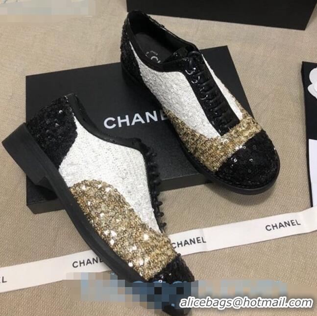 Good Product Chanel Sequins and Patent Calfskin Lace-ups Shoes G36208 Gold/White/Black 02 2020