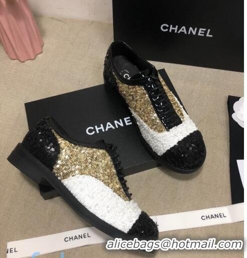 Good Product Chanel Sequins and Patent Calfskin Lace-ups Shoes G36208 Gold/White/Black 02 2020