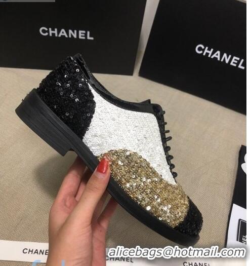 Good Product Chanel Sequins and Patent Calfskin Lace-ups Shoes G36208 Gold/White/Black 02 2020