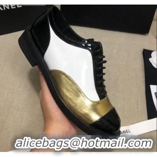 Good Product Chanel Calfskin Lace-ups Shoes G36208 Gold/White/Black 03 2020