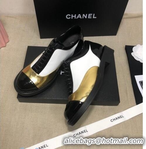 Good Product Chanel Calfskin Lace-ups Shoes G36208 Gold/White/Black 03 2020