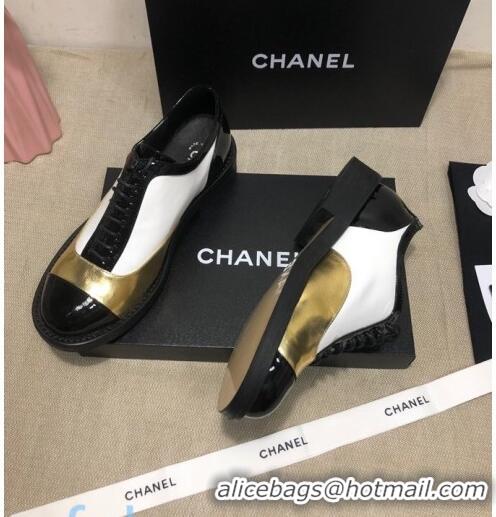 Good Product Chanel Calfskin Lace-ups Shoes G36208 Gold/White/Black 03 2020