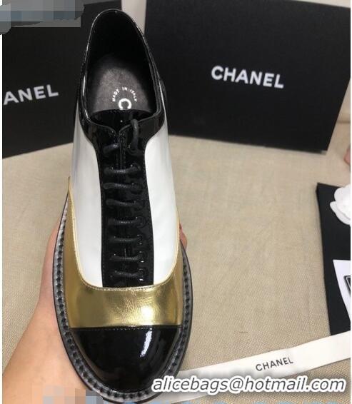 Good Product Chanel Calfskin Lace-ups Shoes G36208 Gold/White/Black 03 2020