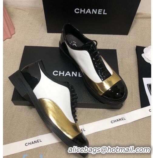 Good Product Chanel Calfskin Lace-ups Shoes G36208 Gold/White/Black 03 2020