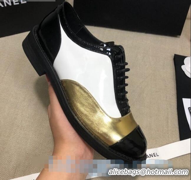 Good Product Chanel Calfskin Lace-ups Shoes G36208 Gold/White/Black 03 2020