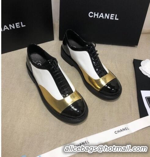 Good Product Chanel Calfskin Lace-ups Shoes G36208 Gold/White/Black 03 2020