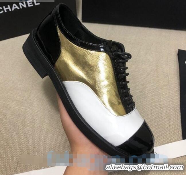 Best Grade Chanel Calfskin Lace-ups Shoes G36208 Gold/White/Black 04 2020