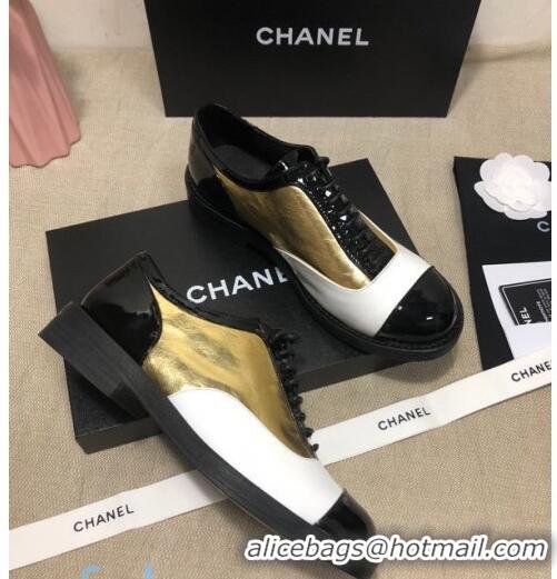 Best Grade Chanel Calfskin Lace-ups Shoes G36208 Gold/White/Black 04 2020