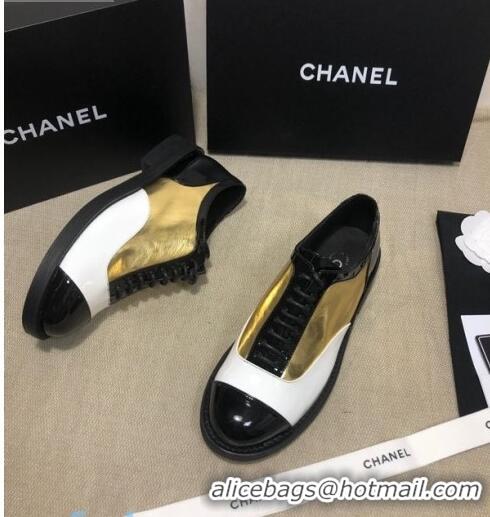 Best Grade Chanel Calfskin Lace-ups Shoes G36208 Gold/White/Black 04 2020