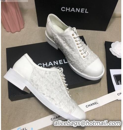 Market Sells Chanel Tweed Lace-ups Shoes G36208 White 2020