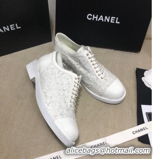 Market Sells Chanel Tweed Lace-ups Shoes G36208 White 2020