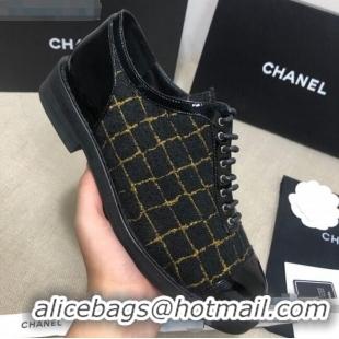 Best Price Chanel Checked Tweed and Patent Calfskin Lace-ups Shoes G36208 Black/Gold 2020