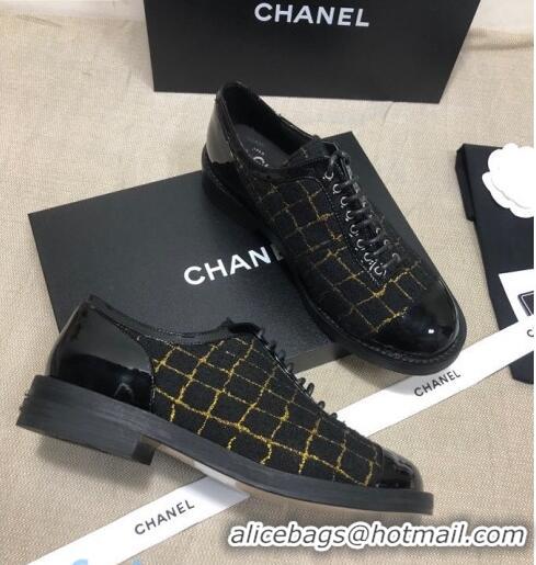 Best Price Chanel Checked Tweed and Patent Calfskin Lace-ups Shoes G36208 Black/Gold 2020