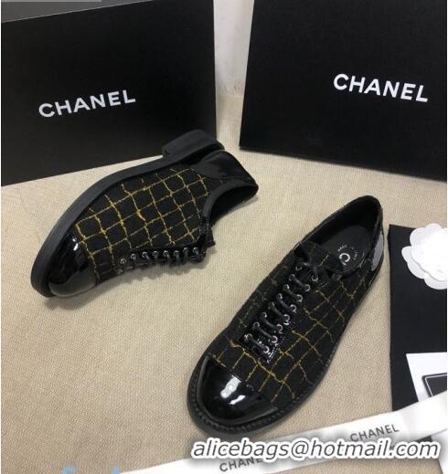 Best Price Chanel Checked Tweed and Patent Calfskin Lace-ups Shoes G36208 Black/Gold 2020