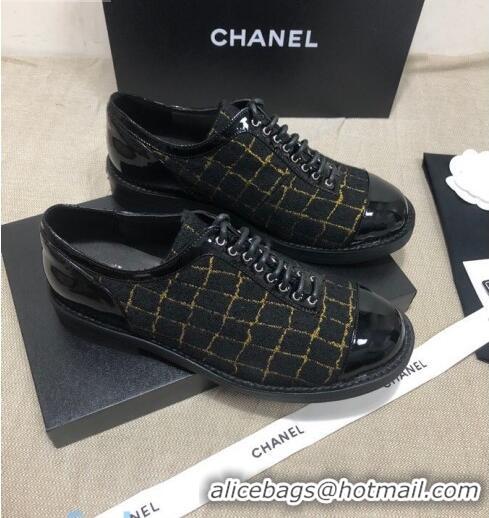 Best Price Chanel Checked Tweed and Patent Calfskin Lace-ups Shoes G36208 Black/Gold 2020