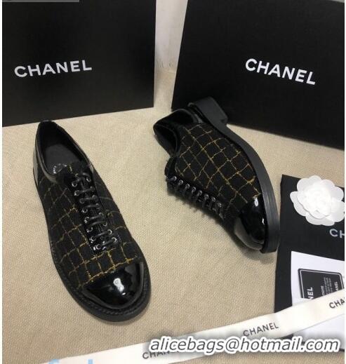 Best Price Chanel Checked Tweed and Patent Calfskin Lace-ups Shoes G36208 Black/Gold 2020