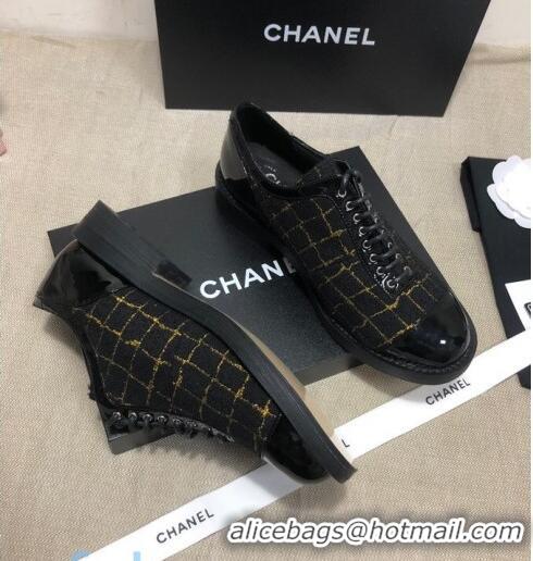 Best Price Chanel Checked Tweed and Patent Calfskin Lace-ups Shoes G36208 Black/Gold 2020