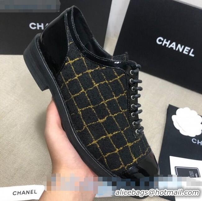 Best Price Chanel Checked Tweed and Patent Calfskin Lace-ups Shoes G36208 Black/Gold 2020