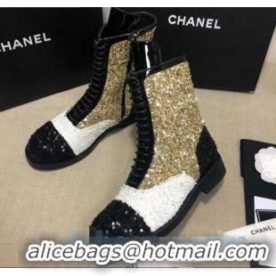 Promotional Chanel Sequins and Patent Calfskin Ankle Boots G36209 Gold/White/Black 01 2020