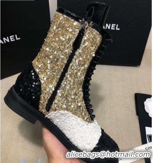 Promotional Chanel Sequins and Patent Calfskin Ankle Boots G36209 Gold/White/Black 01 2020