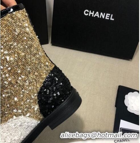 Promotional Chanel Sequins and Patent Calfskin Ankle Boots G36209 Gold/White/Black 01 2020