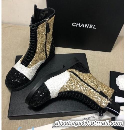 Promotional Chanel Sequins and Patent Calfskin Ankle Boots G36209 Gold/White/Black 01 2020