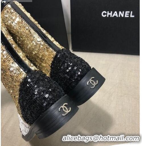 Promotional Chanel Sequins and Patent Calfskin Ankle Boots G36209 Gold/White/Black 01 2020