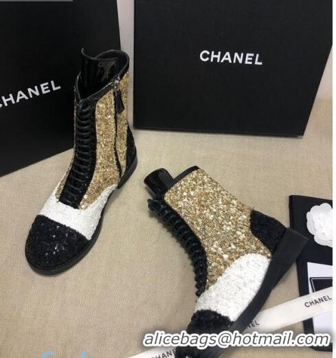 Promotional Chanel Sequins and Patent Calfskin Ankle Boots G36209 Gold/White/Black 01 2020