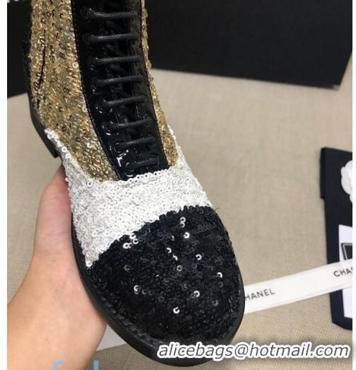 Promotional Chanel Sequins and Patent Calfskin Ankle Boots G36209 Gold/White/Black 01 2020