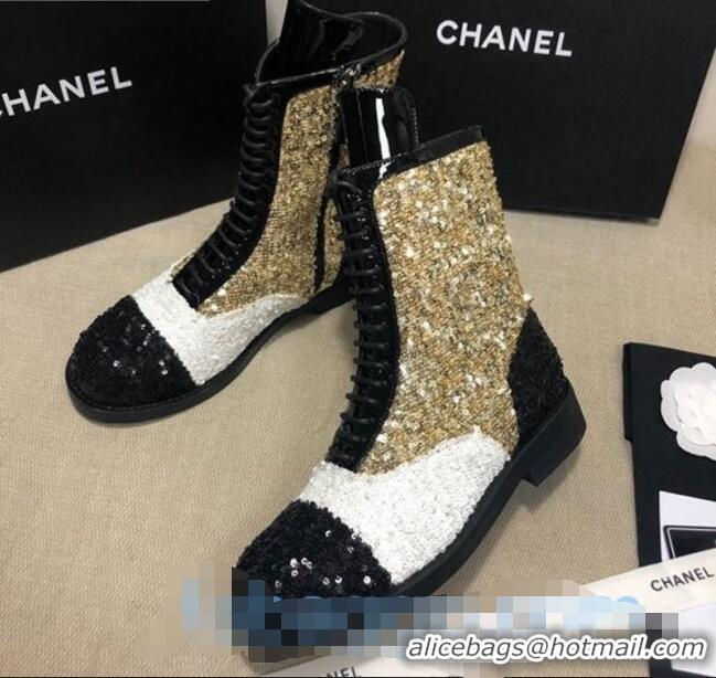 Promotional Chanel Sequins and Patent Calfskin Ankle Boots G36209 Gold/White/Black 01 2020