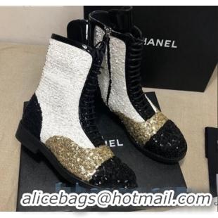 Discount Chanel Sequins and Patent Calfskin Ankle Boots G36209 Gold/White/Black 01 2020