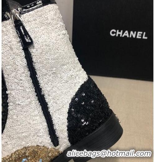 Discount Chanel Sequins and Patent Calfskin Ankle Boots G36209 Gold/White/Black 01 2020