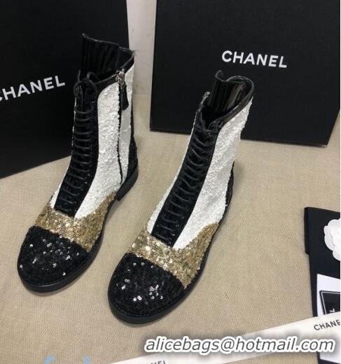 Discount Chanel Sequins and Patent Calfskin Ankle Boots G36209 Gold/White/Black 01 2020