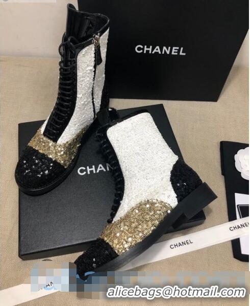 Discount Chanel Sequins and Patent Calfskin Ankle Boots G36209 Gold/White/Black 01 2020