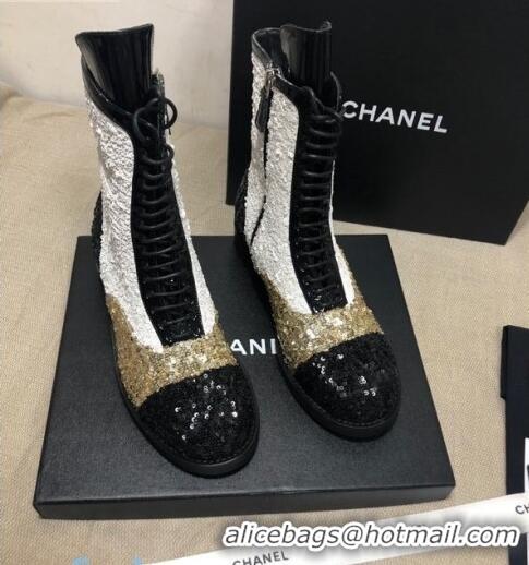 Discount Chanel Sequins and Patent Calfskin Ankle Boots G36209 Gold/White/Black 01 2020