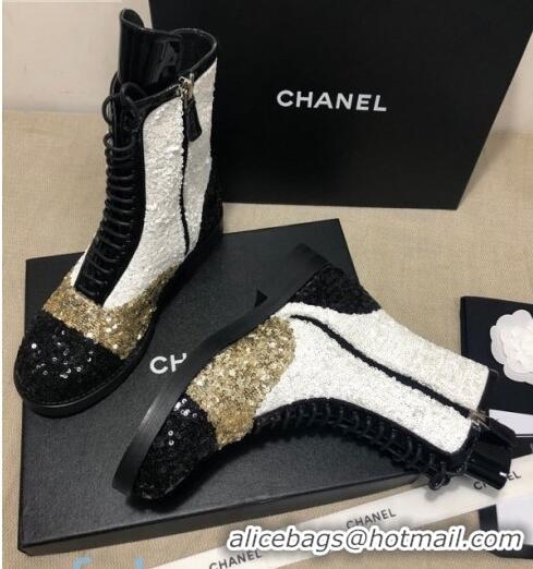 Discount Chanel Sequins and Patent Calfskin Ankle Boots G36209 Gold/White/Black 01 2020