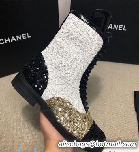 Discount Chanel Sequins and Patent Calfskin Ankle Boots G36209 Gold/White/Black 01 2020