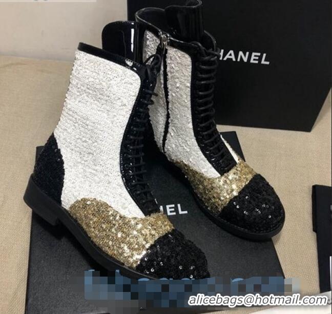 Discount Chanel Sequins and Patent Calfskin Ankle Boots G36209 Gold/White/Black 01 2020