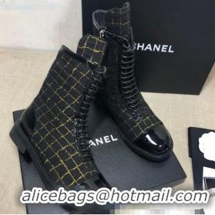 Promotional Chanel Checked Tweed Ankle Boots G36209 Black/Gold 2020