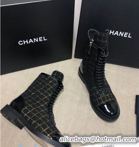 Promotional Chanel Checked Tweed Ankle Boots G36209 Black/Gold 2020