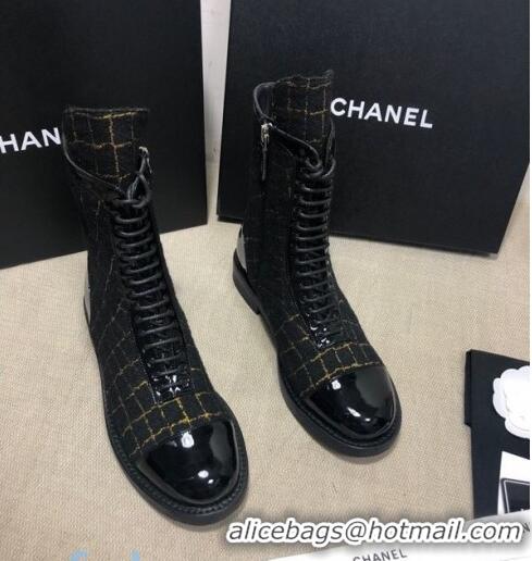 Promotional Chanel Checked Tweed Ankle Boots G36209 Black/Gold 2020