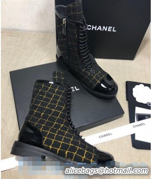 Promotional Chanel Checked Tweed Ankle Boots G36209 Black/Gold 2020