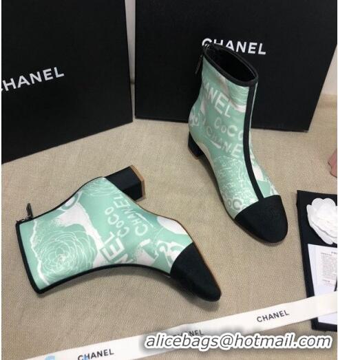 Famous Brand Chanel Coco Printed Calfskin Ankle Boots G35552 Light Green 2020