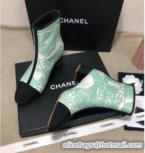 Famous Brand Chanel Coco Printed Calfskin Ankle Boots G35552 Light Green 2020