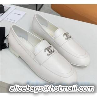 New Style Chanel Lambskin Crystal CC Loafers G36343 White 2020