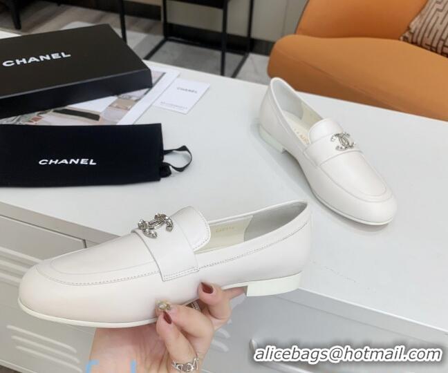 New Style Chanel Lambskin Crystal CC Loafers G36343 White 2020