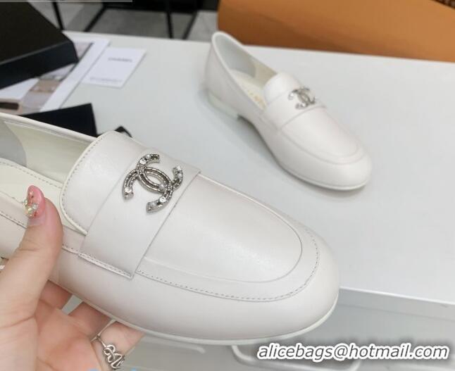 New Style Chanel Lambskin Crystal CC Loafers G36343 White 2020