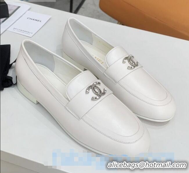 New Style Chanel Lambskin Crystal CC Loafers G36343 White 2020