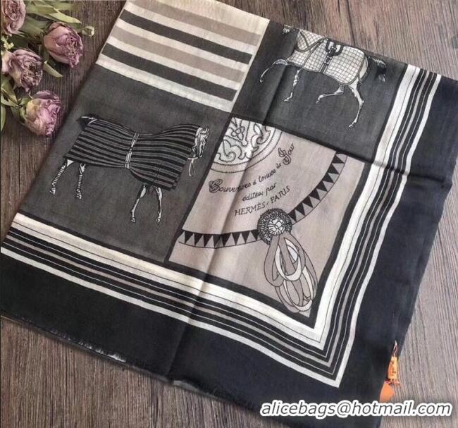 Pretty Style Hermes Cashmere Horses Check Scarf 100x200cm 82838 Grey