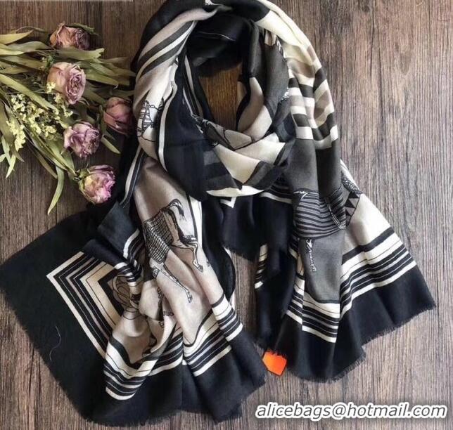 Pretty Style Hermes Cashmere Horses Check Scarf 100x200cm 82838 Grey